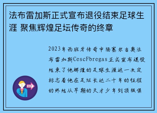 法布雷加斯正式宣布退役结束足球生涯 聚焦辉煌足坛传奇的终章